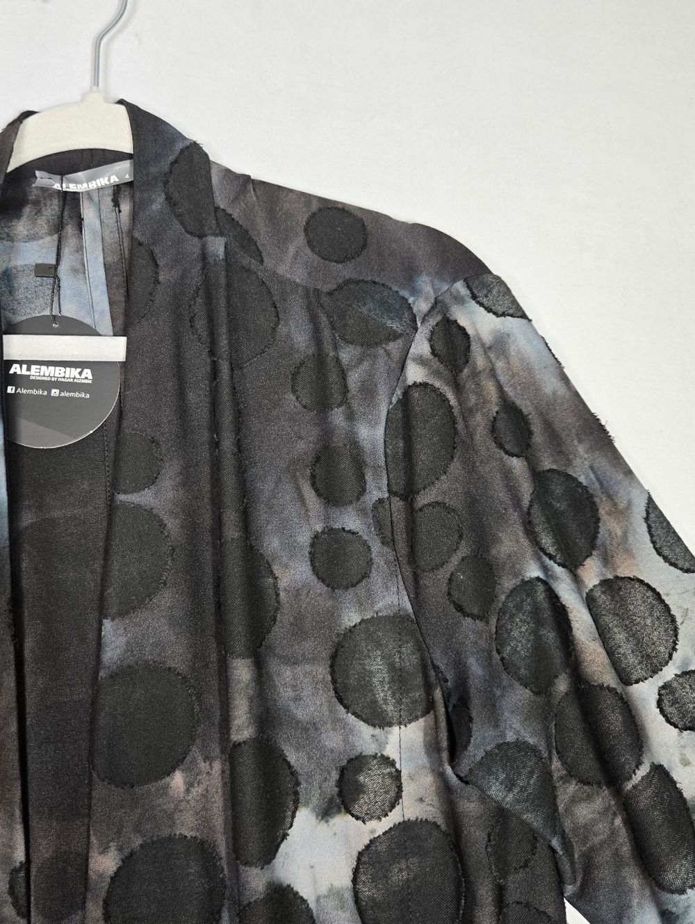 Alembika Knit Open Front Drape Swing Jacket Size 12 14 Black Grey Circle Print - Picture 8 of 16